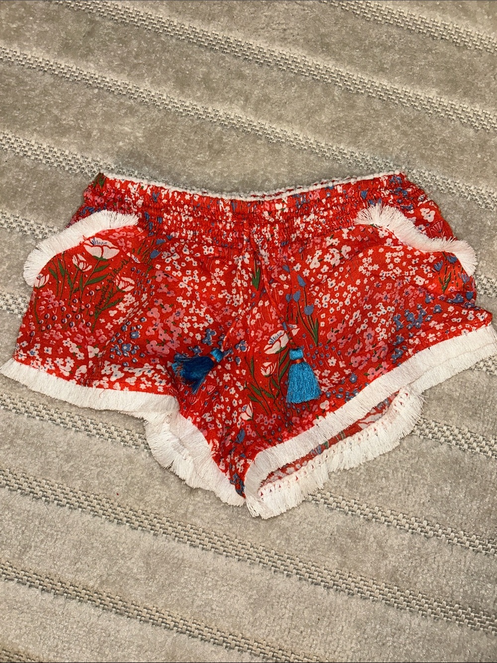 Poupette St Barth Girls Red Floral Fringe Shorts